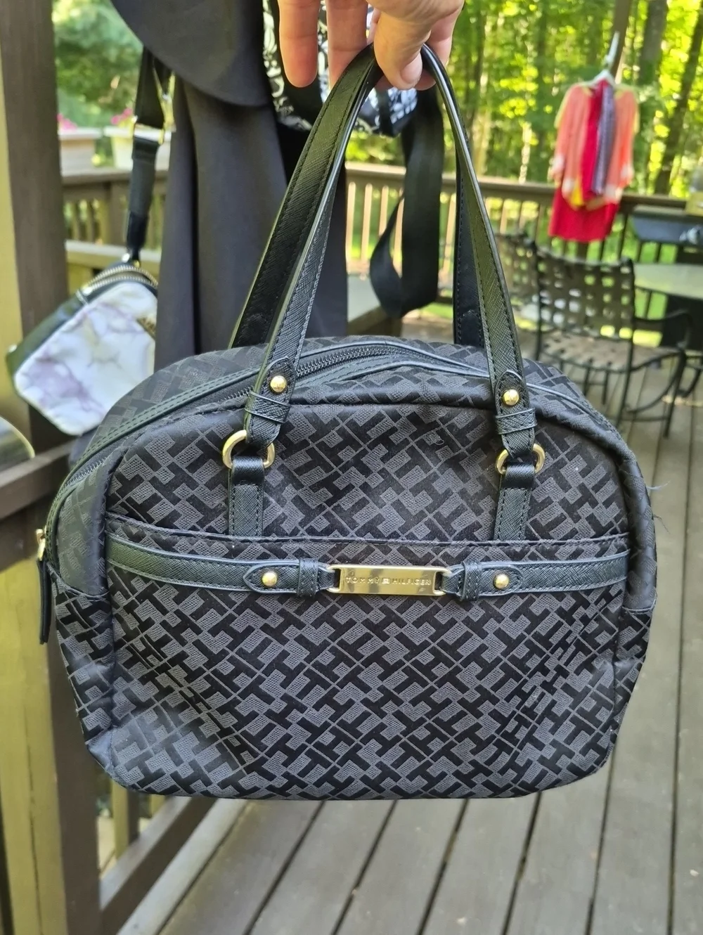 Tommy Hilfiger Black monogram jacquard signature pattern Dome Satchel bag